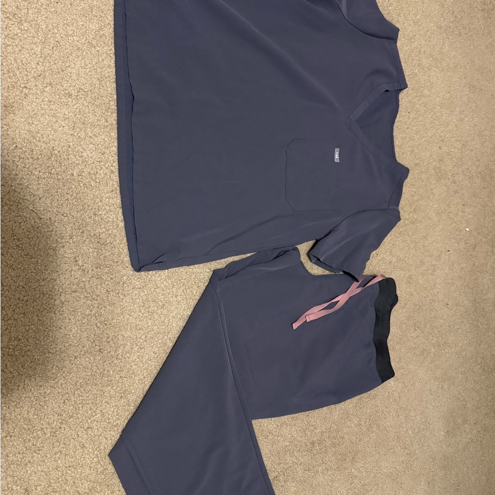 Figs Women's Navy Blue/Grayish Scrub Top and Pants Set with Pink Drawstring